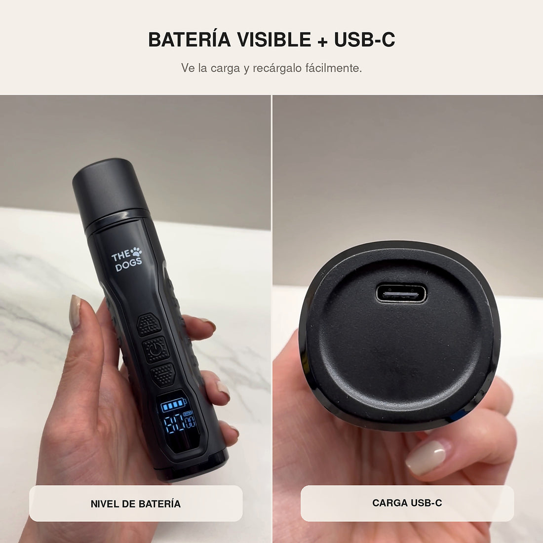 Pantalla de batería y puerto de carga USB-C del limador eléctrico THE DOGS NAILS