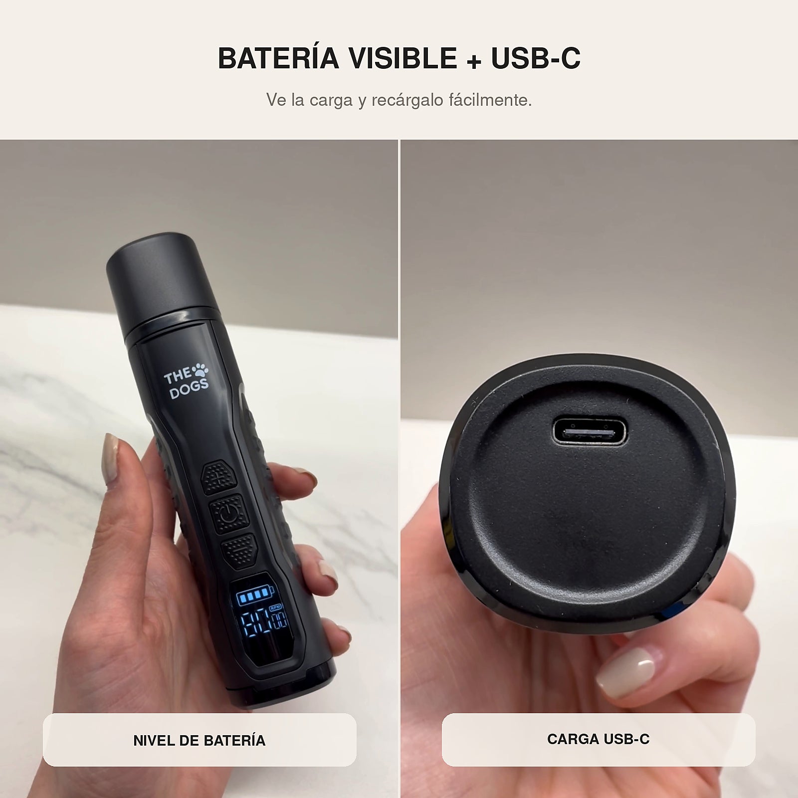 Pantalla de batería y puerto de carga USB-C del limador eléctrico THE DOGS NAILS