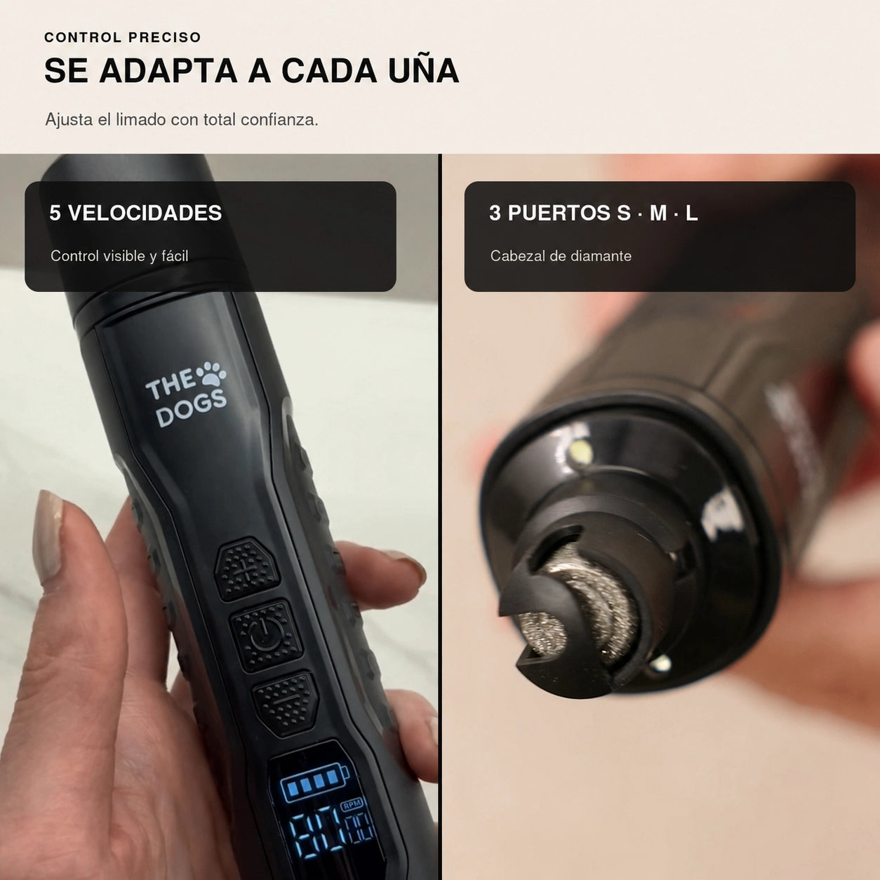 Limador eléctrico THE DOGS NAILS con 5 velocidades y puertos S, M y L para distintos tamaños de uña