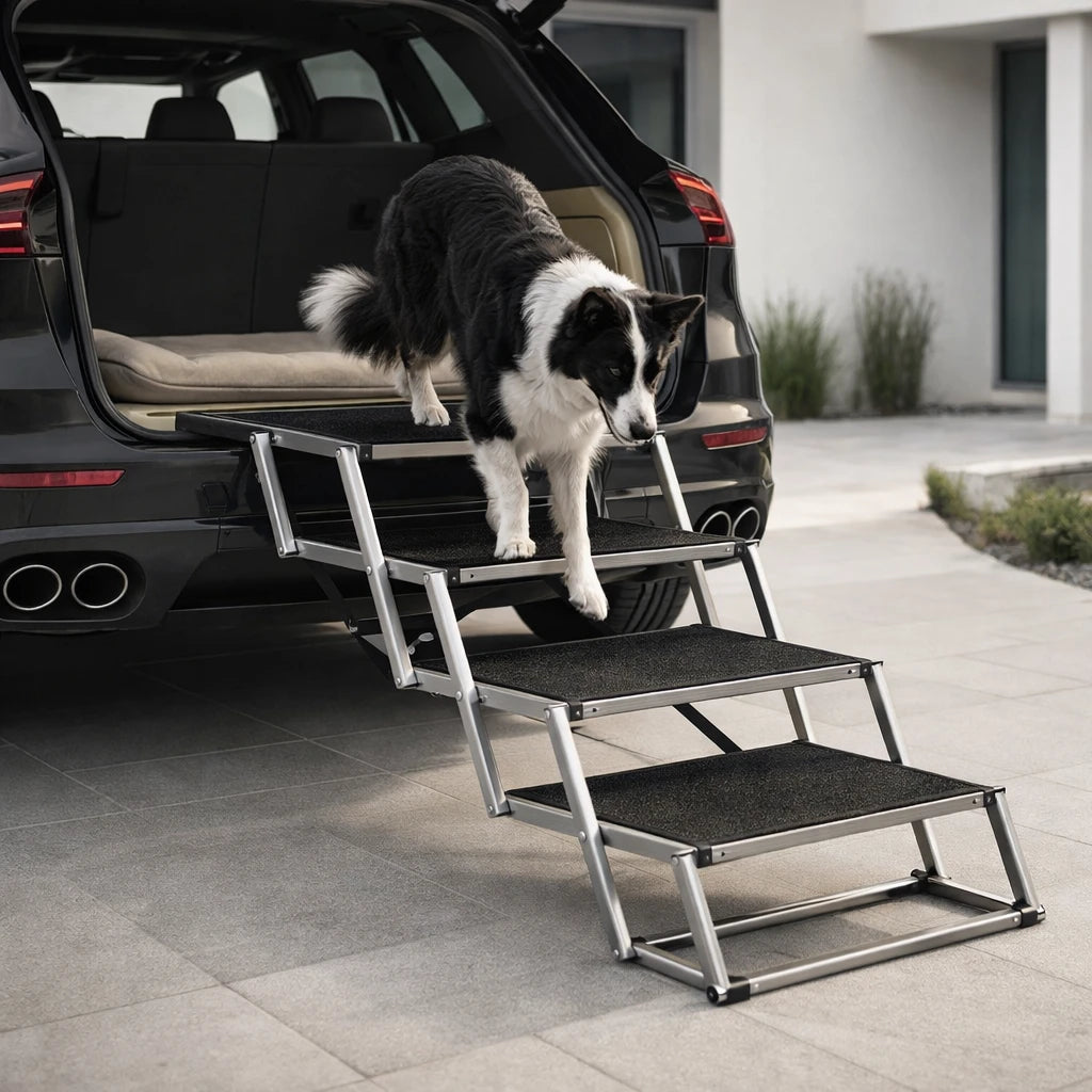 Perro usando Escalera Rampa Plegable para Auto THE DOGS