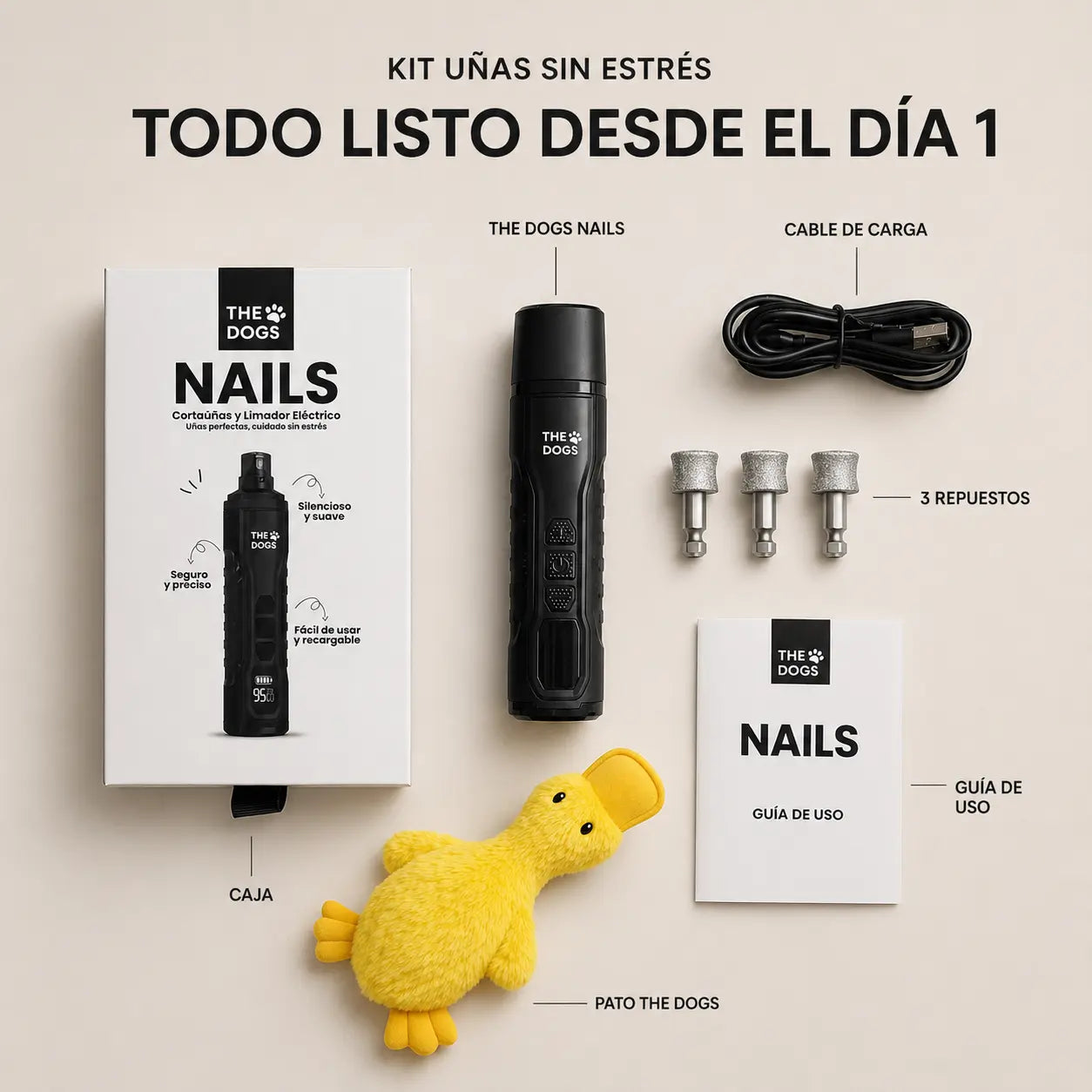 Contenido del Kit Uñas sin Estrés THE DOGS: limador NAILS, tres repuestos, Pato Antiestrés, cable de carga USB-C, guía y caja