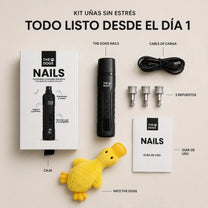 Contenido del Kit Uñas sin Estrés THE DOGS: limador NAILS, tres repuestos, Pato Antiestrés, cable de carga USB-C, guía y caja