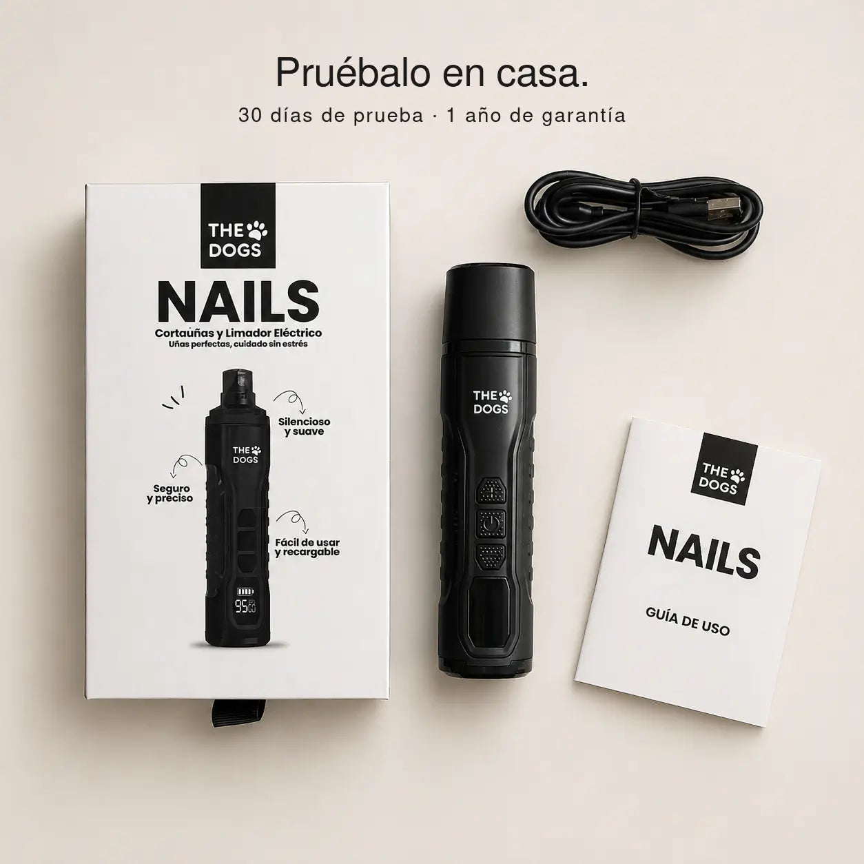 Limador eléctrico THE DOGS NAILS con caja, cable de carga USB-C y guía; 30 días de prueba y 1 año de garantía