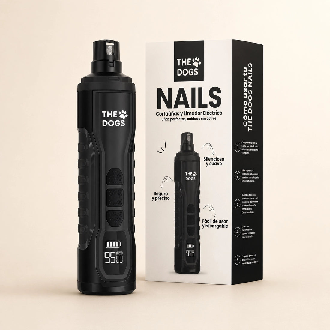 Limador eléctrico de uñas para perros THE DOGS NAILS junto a su caja