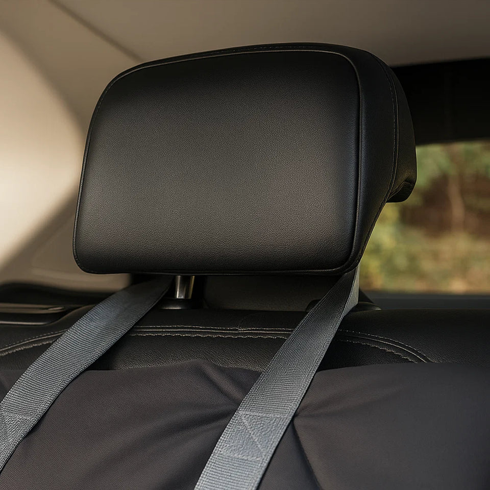 Asiento Primera Clase THE DOGS fijado al reposacabezas del auto para mayor seguridad y estabilidad.