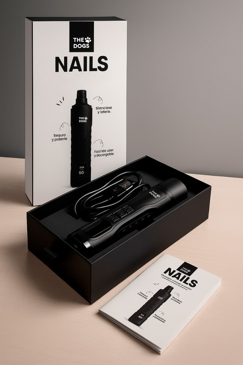 Caja del limador de uñas para perros THE DOGS NAILS con el producto, cargador y guía de uso