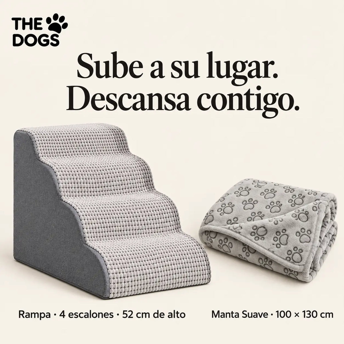 Dormitorio sin Saltos incluye rampa de cuatro escalones y 52 cm de alto y Manta Suave de 100 × 130 cm.
