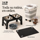 Estación PRO Negro: comedero ajustable, dos bowls de acero y slow feeder, contenedor hermético y mat absorbente.
