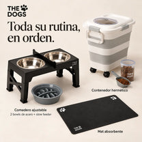 Estación PRO Negro: comedero ajustable, dos bowls de acero y slow feeder, contenedor hermético y mat absorbente.