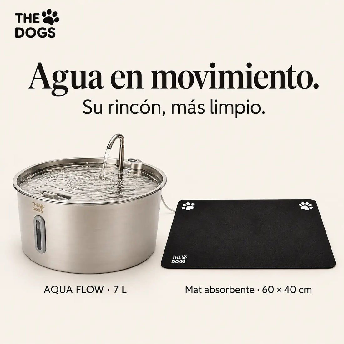 Hidratación Limpia incluye fuente AquaFlow de 7 litros y mat absorbente de 60 × 40 cm.