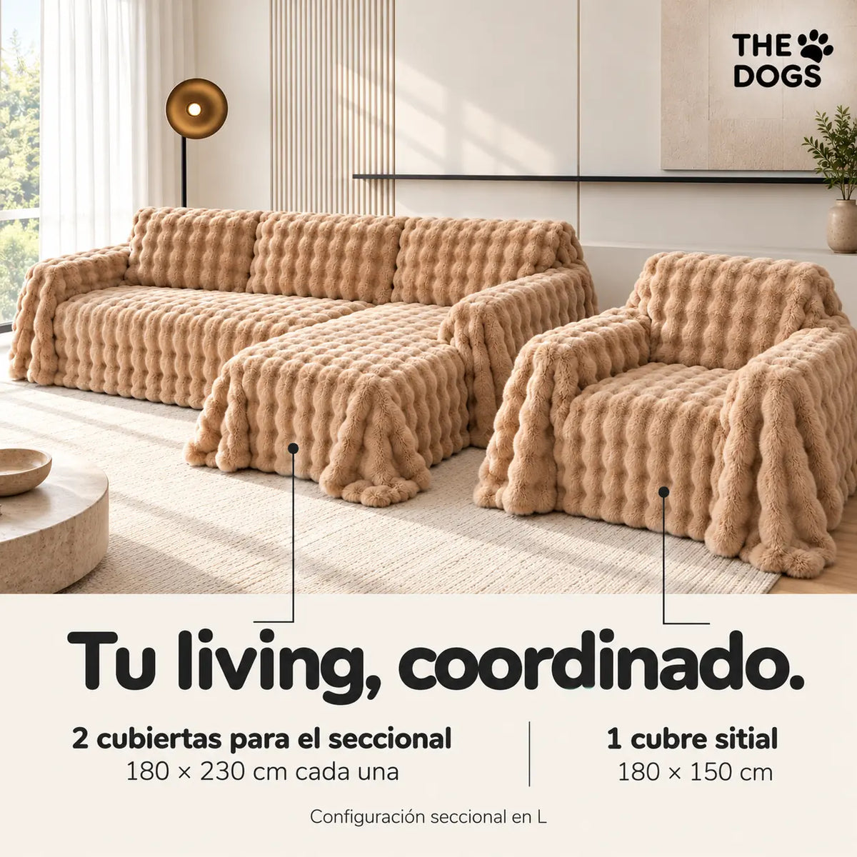 Living Coordinado seccional: dos cubiertas de 180 × 230 cm y un cubre sitial de 180 × 150 cm.