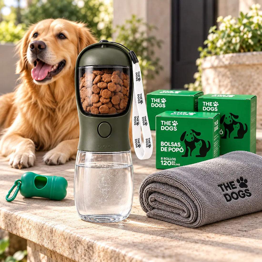 Paseo Siempre Listo con botella de agua y snacks, 360 bolsas, dispensador y toalla de microfibra.