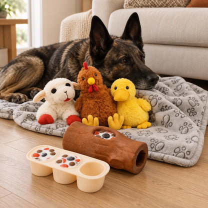 Ritual de Calma: Manta Suave, peluches Gallina, Pato y Oveja y Tronco Mágico con molde.